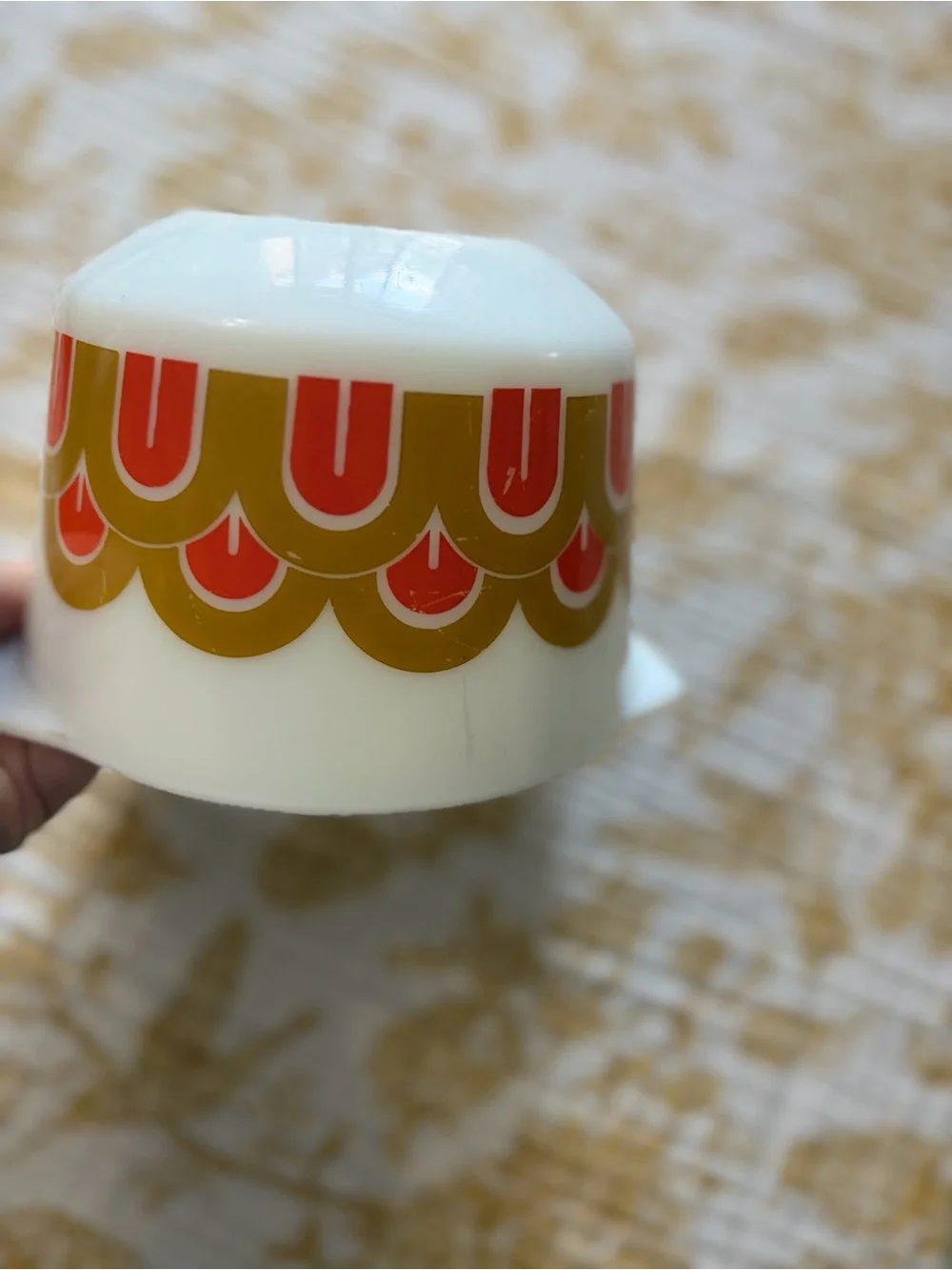 Vintage Pyrex White Mixing Bowl with Orange and Gold Retro Arch Design